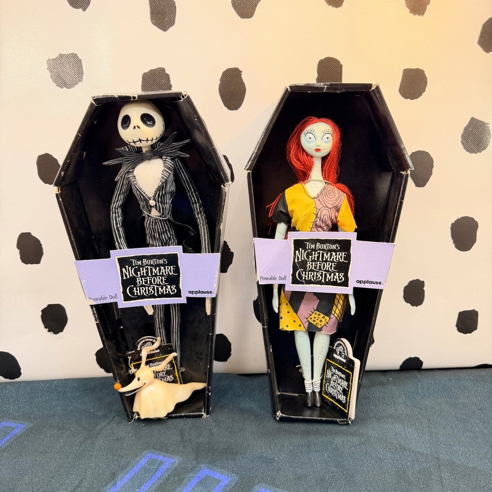 VTG 1993 Applause Nightmare Before Christmas Jack Skellington Sally Coffin Dolls